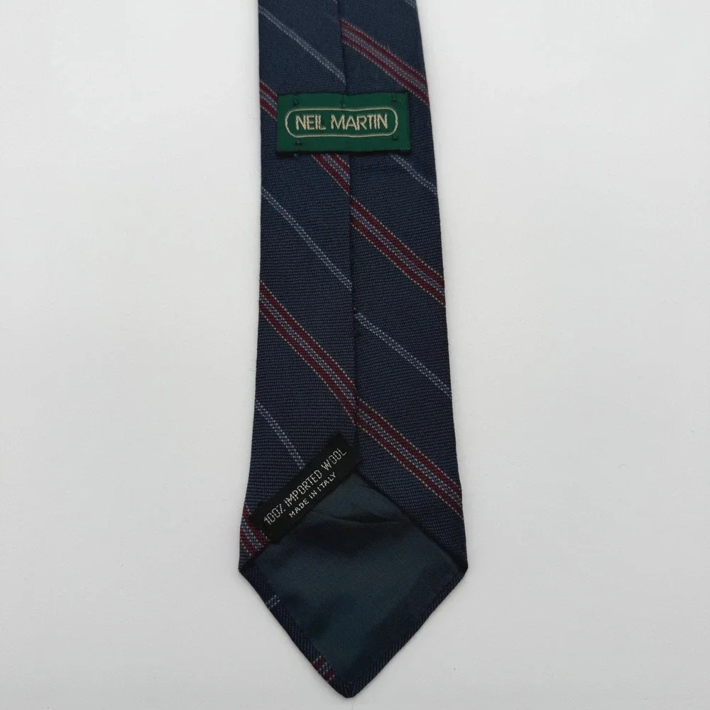 Neil‎ Martin Mens Wool Tie Navy Blue Burgundy Striped Made in Italy Regimental